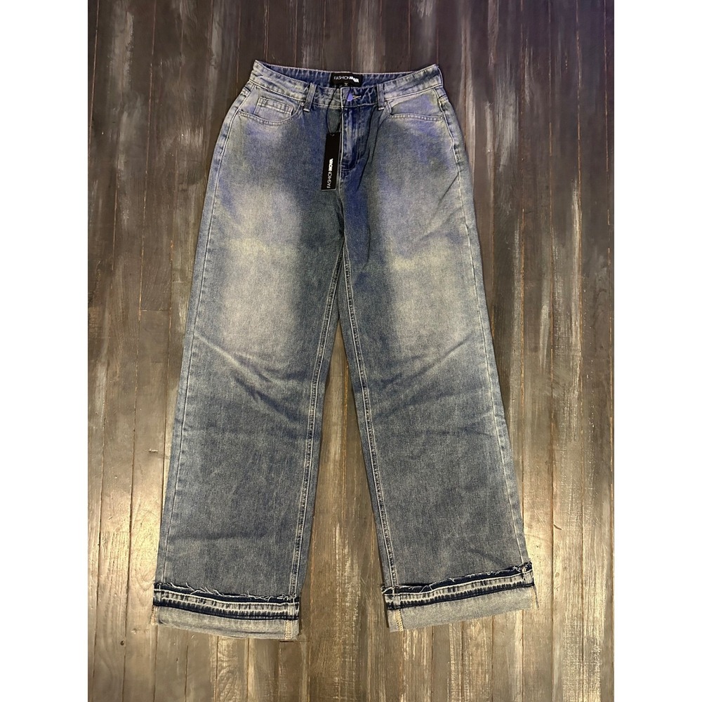Fashion Nova Wide‎ Leg Cuffed Raw Hem Jeans Medium Wash Denim High Rise Womens